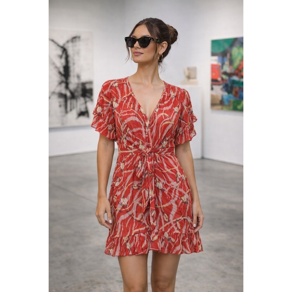 AllSaints Red Printed Ruffle Mini Dress V Neck Sash Tie Womens M